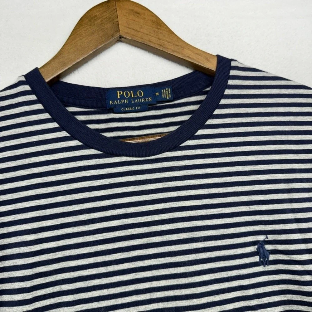 Ralph Lauren Shirt Men's Medium Blue Gray Striped Classic Pony Preppy Blank Crew